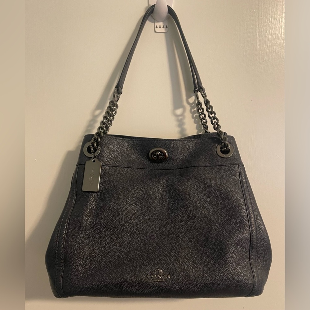 Coach Edie Dark Navy Blue Leather Turnlock Shoulder Bag